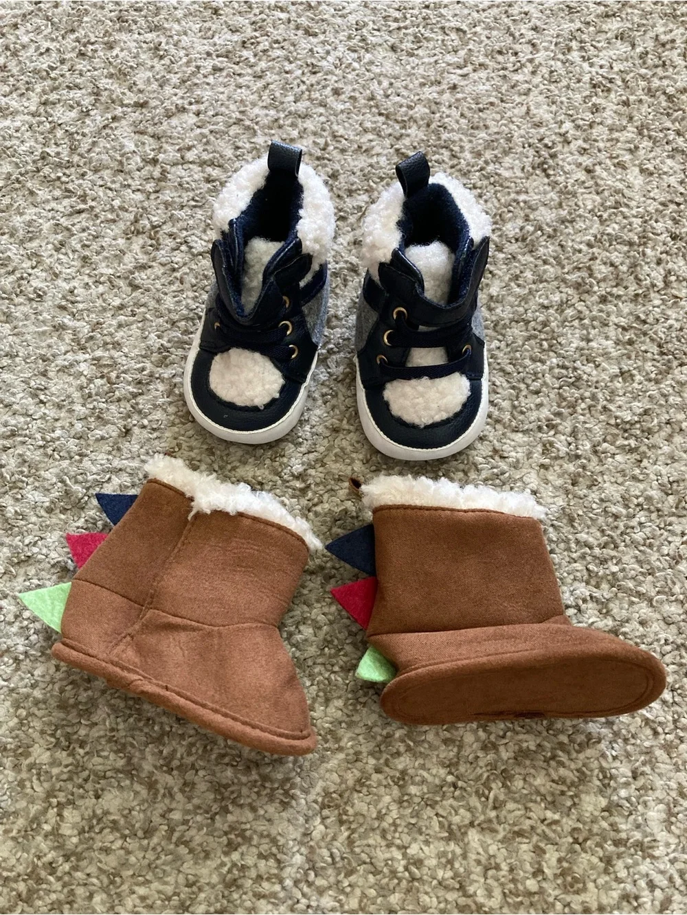 Baby Navy Fleece-Lined High-Top Sneakers and Brown Dino Boots Set